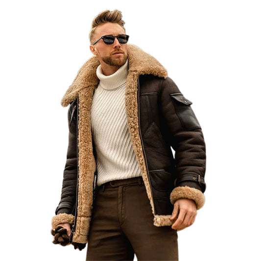 Men's Leather Zip-Up Jacket with Wool Fleece, Long Sleeve, Contrast Color Pockets, and Lapel Neck Casual Coat