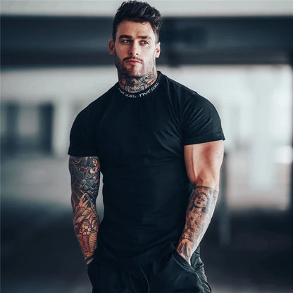 2024 Men's Short Sleeve Cotton Gym T-Shirt - Casual Slim Fit Fitness and Bodybuilding Workout Top for Summer