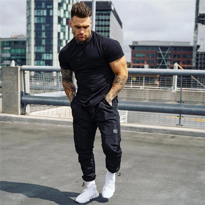 2024 Men's Short Sleeve Cotton Gym T-Shirt - Casual Slim Fit Fitness and Bodybuilding Workout Top for Summer