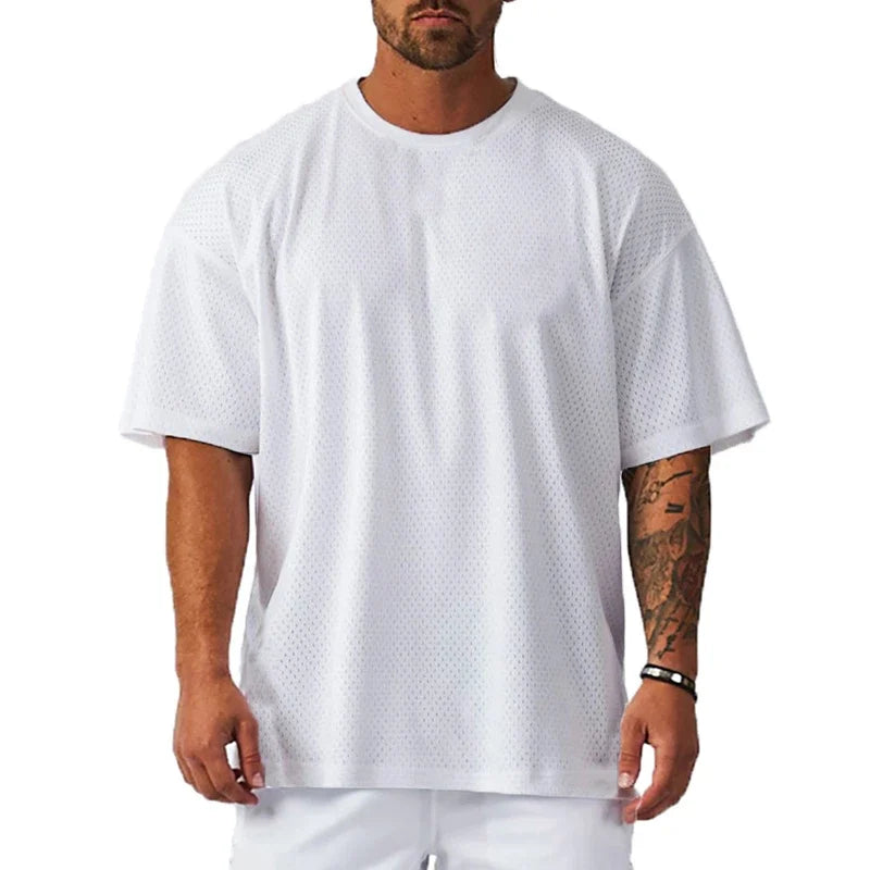 Oversize Loose Short Sleeve Sport T-Shirts Dropped Shoulders Gym Fitness Bodybuilding Shirt Mesh Breathable Quick Dry Men'S Tees