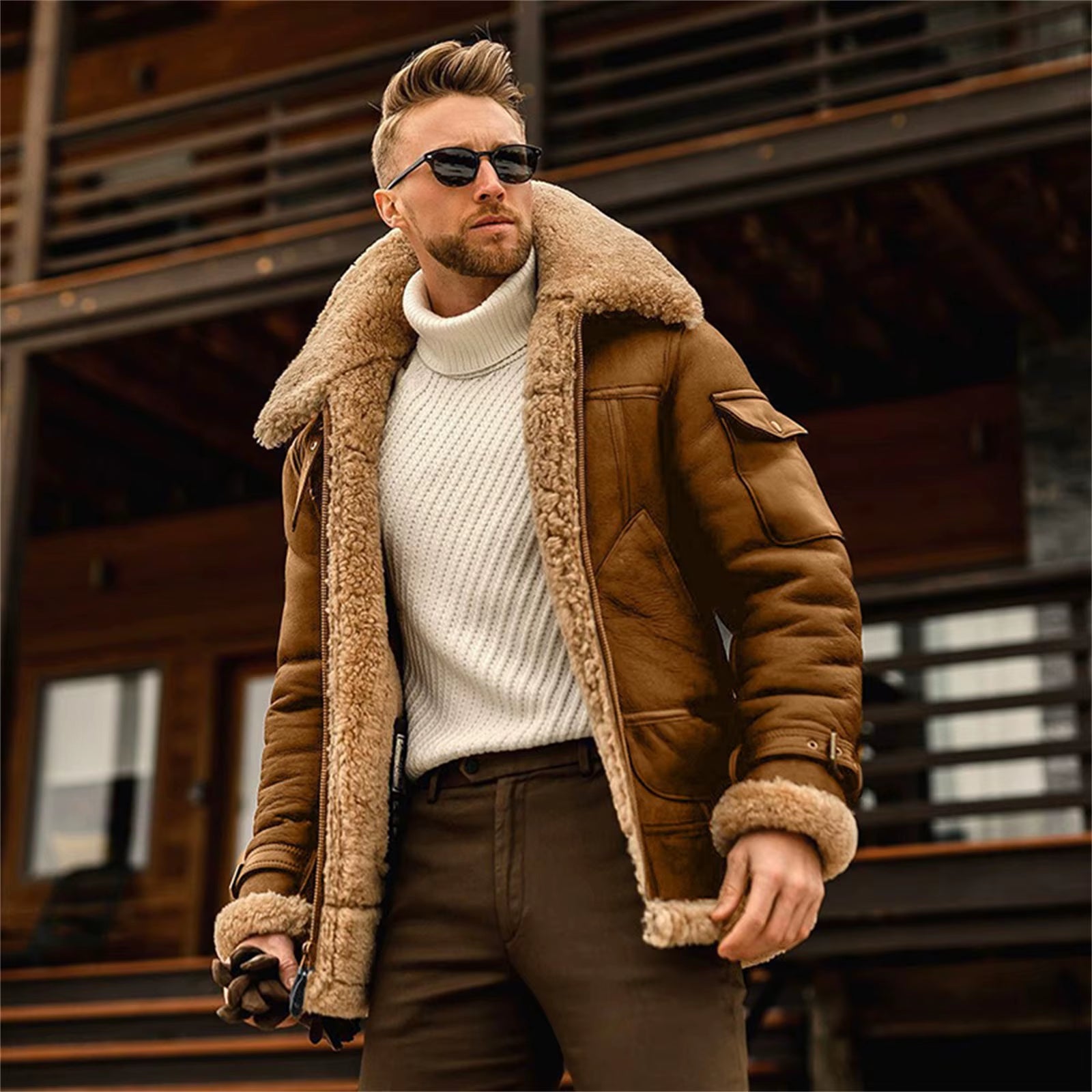 Men's Leather Zip-Up Jacket with Wool Fleece, Long Sleeve, Contrast Color Pockets, and Lapel Neck Casual Coat