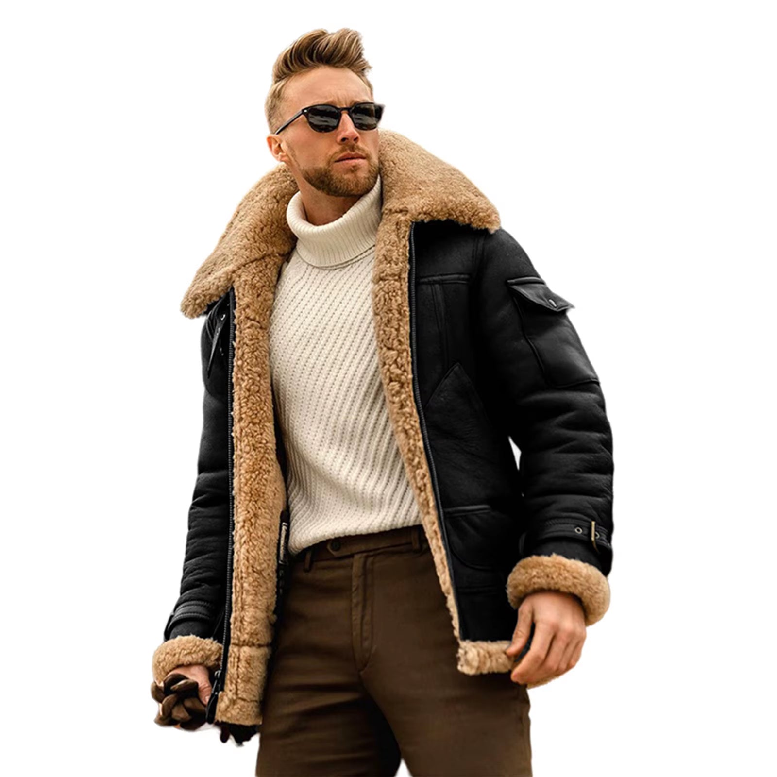 Men's Leather Zip-Up Jacket with Wool Fleece, Long Sleeve, Contrast Color Pockets, and Lapel Neck Casual Coat